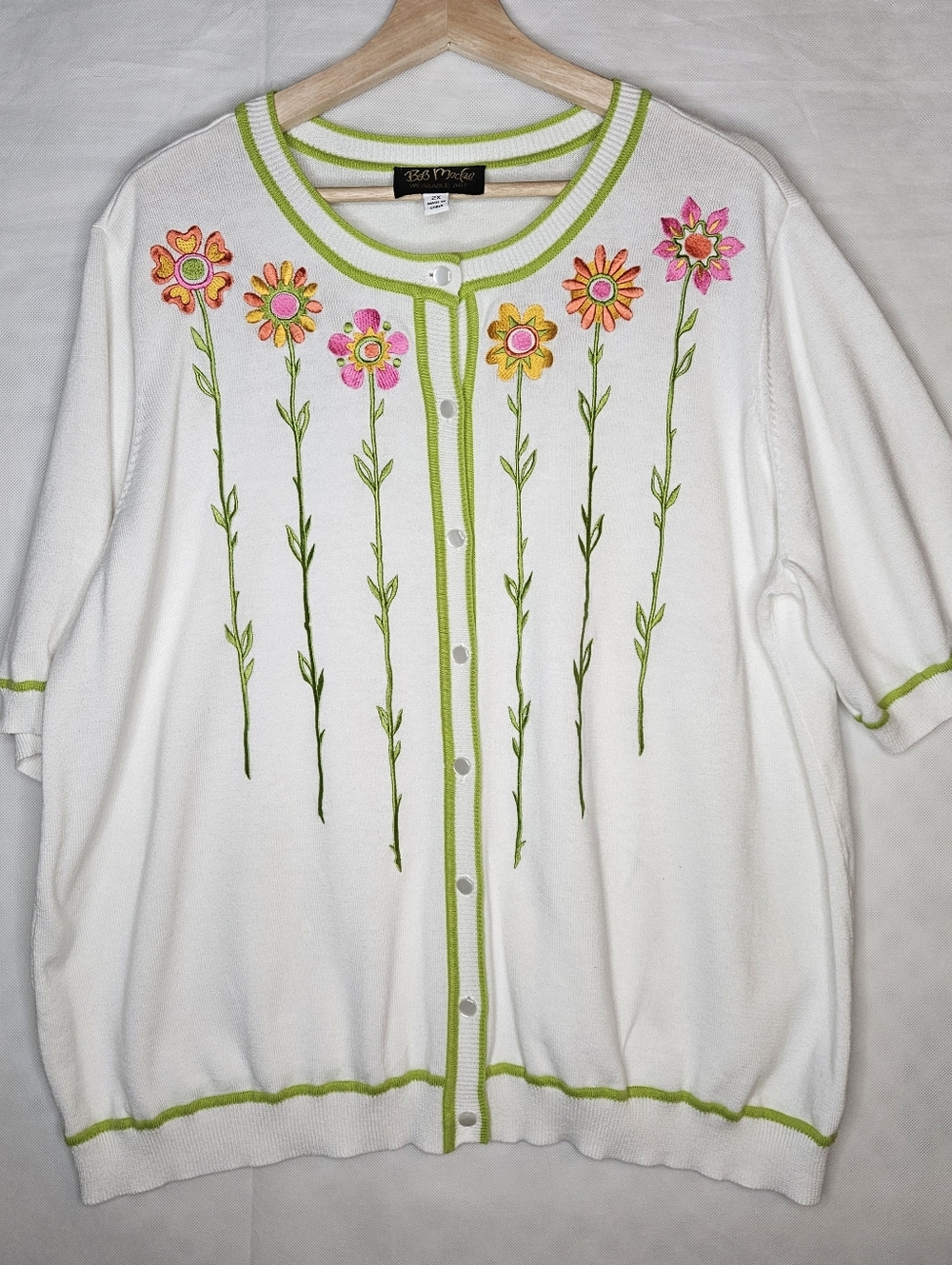 Bob Mackie Wearable Art Floral Embroidered Button-Down Blouse   2X Cotton Blend